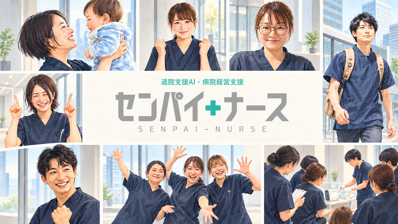 水彩風のイラスト。オフィス街を背景に、赤ちゃんを抱き上げる看護師、ガッツポーズや笑顔の看護師たち、記録をとりながら処置にあたるチーム。中央に「退院支援AI センパイナース」のロゴ